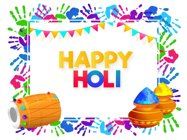 Dhol ドラム と色鍋は カラフルな手形に幸せなホーリーのお祝い横断幕のデザイン装飾背景 — ストックベクタ