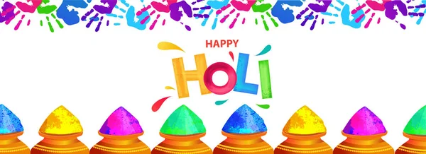 Happy Holi Header Banner Design Decorated Colors Pot Colorful Handprints — Stock Vector