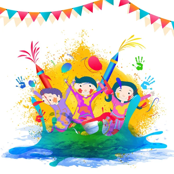 快乐的孩子庆祝霍利节在五颜六色的飞溅背景 可用作横幅设计 — 图库矢量图片