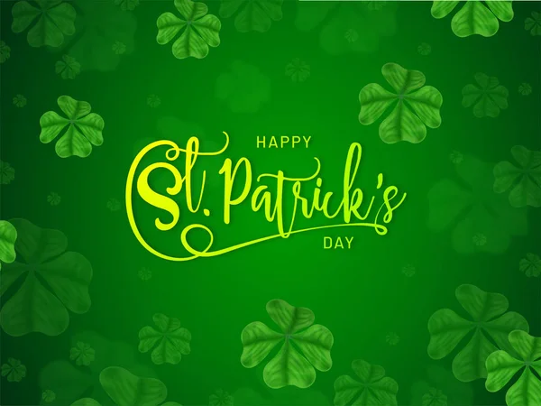 Stylish Lettering Happy Patrick Day Shamrock Leaves Decorated Green Background — Stock Vector