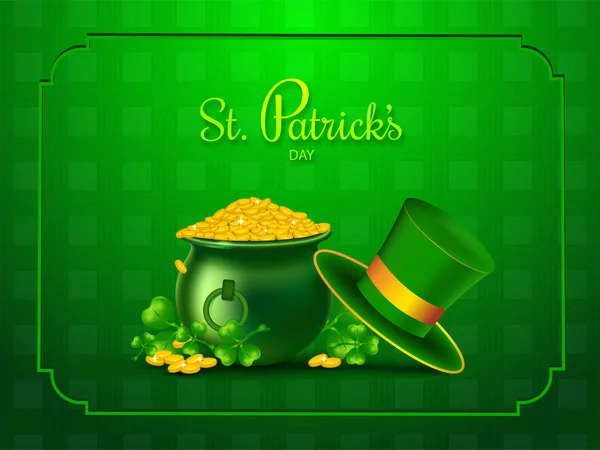 聖パトリックの日のお祝い横断幕のデザイン コイン鍋帽子とシャムロックの図葉緑の抽象的な背景 — ストックベクタ