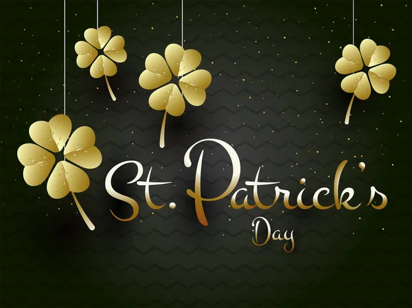 Stylish Calligraphy Patrick Day Black Background Decorated Hanging Golden Clover — Stock Vector