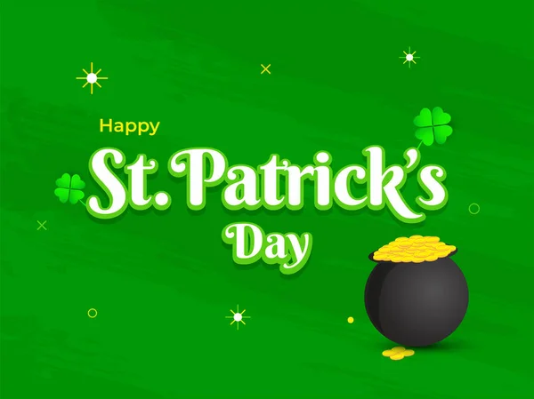 Patrick Day Text Cauldron Gold Coins Green Texture Background Can — Stock Vector