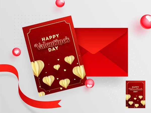 Дизайн Красных Поздравительных Открыток Конвертом День Святого Валентина Глянцевом Фоне — стоковый вектор