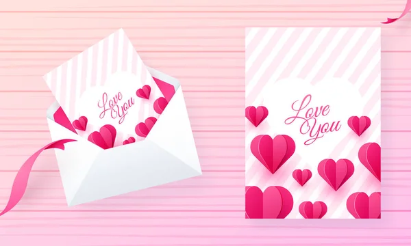 爱你贺卡设计装饰与剪纸心脏形状在粉红色的条纹背景 — 图库矢量图片