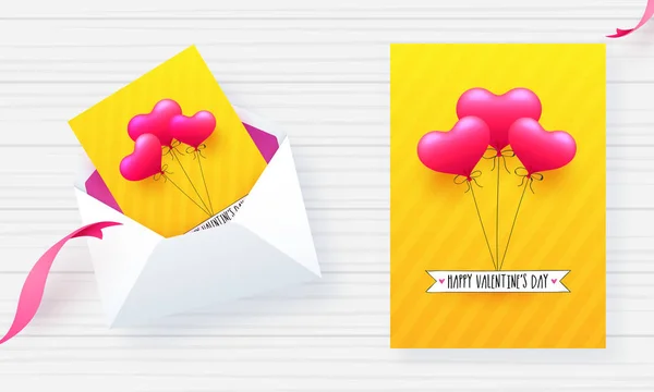 Жовтий Вітальна Листівка Дизайн Ілюстрація Рожевий Кулі Щасливого Валентина — стоковий вектор