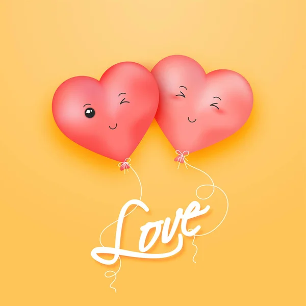 情人节在黄色背景上的可爱的心气球的例证爱贺卡设计 — 图库矢量图片