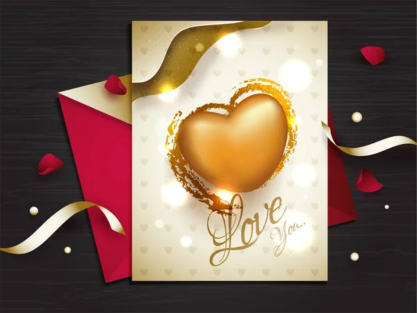 Shiny Greeting Card Design Golden Heart Shape Lettering Love Valentine — Stock Vector