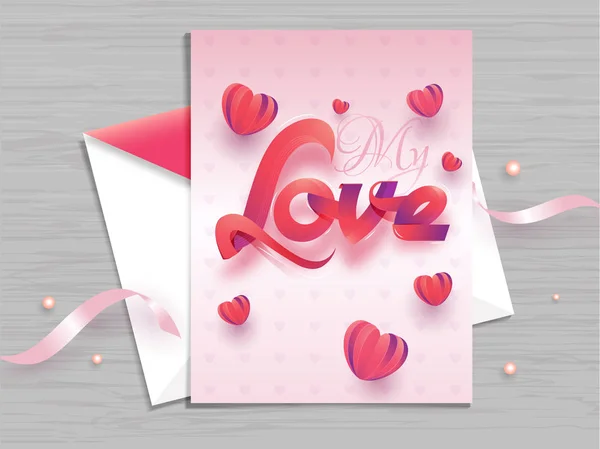 Diseño Tarjeta Felicitación Amor Con Letras Elegantes Formas Corazón Fondo — Vector de stock