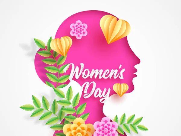 花と女性の日お祝いポスターやバナー デザインのためのハートの形で飾られたスタイルの女性の顔をカット紙 — ストックベクタ
