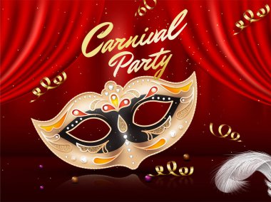 Karnaval poster dekoratif maskesi ve parlak arka plan üzerinde kırmızı perdeler ile.