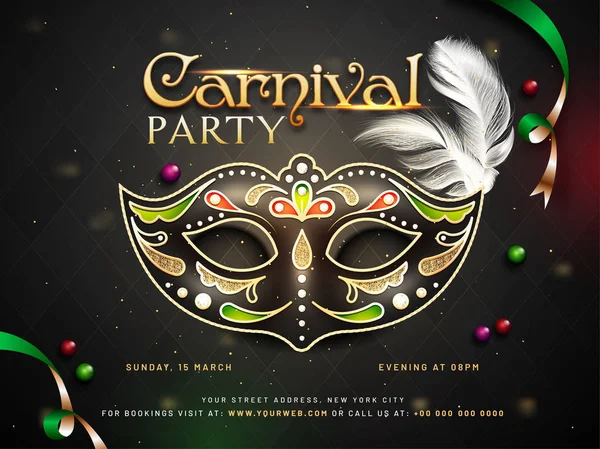Carnival Party Poster Template Design Decorative Mask Time Venue Details — Stock Vector