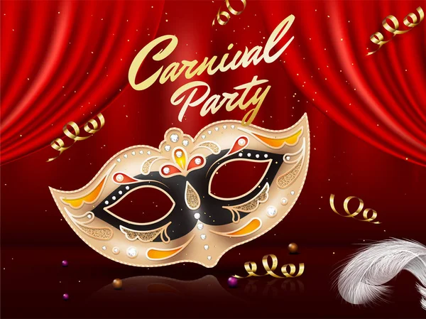 Karnevalsplakat Mit Dekorativer Maske Und Roten Vorhängen Auf Glänzendem Hintergrund — Stockvektor