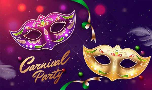 Goldene Und Lila Masken Illustration Auf Bokeh Hintergrund Für Karnevalsparty — Stockvektor
