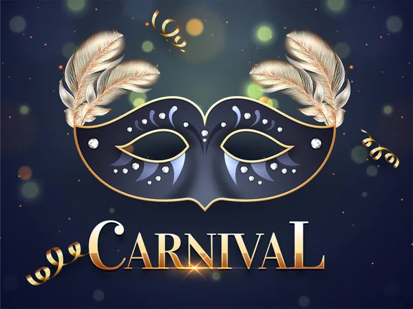 Máscara Fiesta Brillante Con Carnaval Texto Brillante Sobre Fondo Bokeh — Vector de stock
