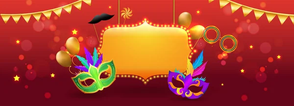 パーティー マスクとカーニバル パーティーお祝いヘッダーやバナー デザインの赤いボケ背景の小道具とマーキー ライト フレーム — ストックベクタ