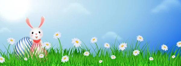 Bunny Paskalya Yumurtası Güneşli Havalarda Arka Planda Mutlu Paskalya Üstbilgi — Stok Vektör