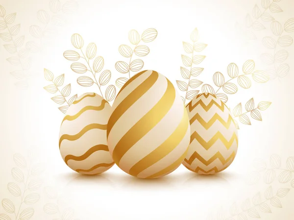 现实的复活节彩蛋在光滑的叶子装饰的背景复活节庆祝海报或贺卡设计 — 图库矢量图片