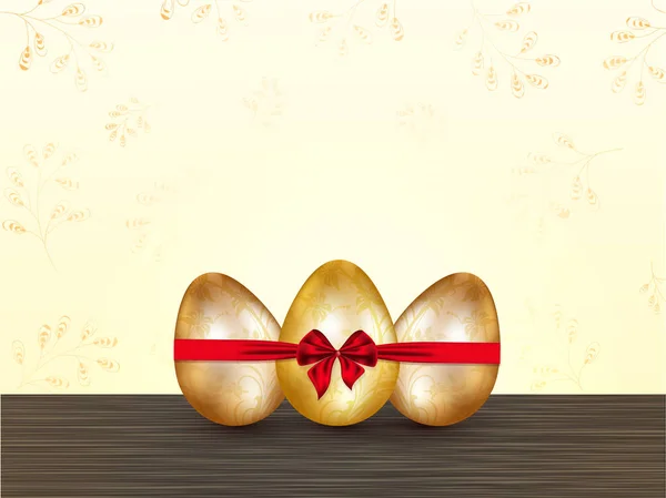 现实的复活节彩蛋系在蝴蝶结上 为复活节庆祝概念 — 图库矢量图片