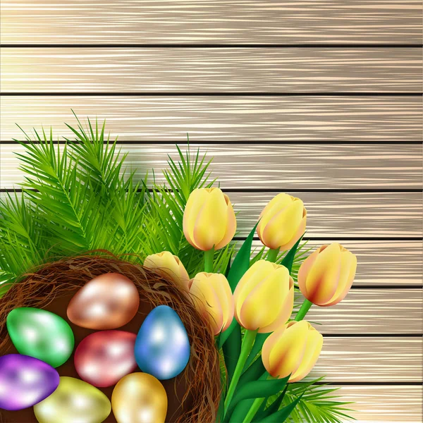 Ovos Páscoa Coloridos Com Ilustração Flores Tulipa Fundo Textura Madeira —  Vetores de Stock