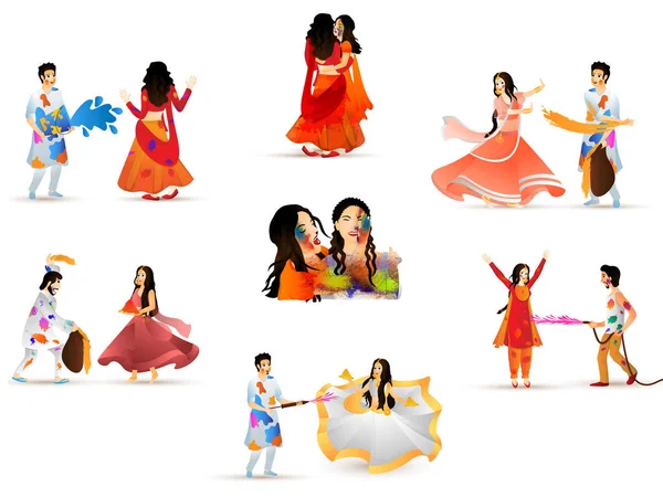 Indian Festival Colors Feier Konzept Glückliche Menschen Charakter Verschiedenen Posen — Stockvektor