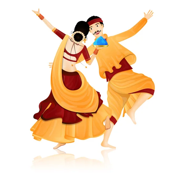 Dancing Couple Character Indian Festival Colors Celebration — Stock Vector