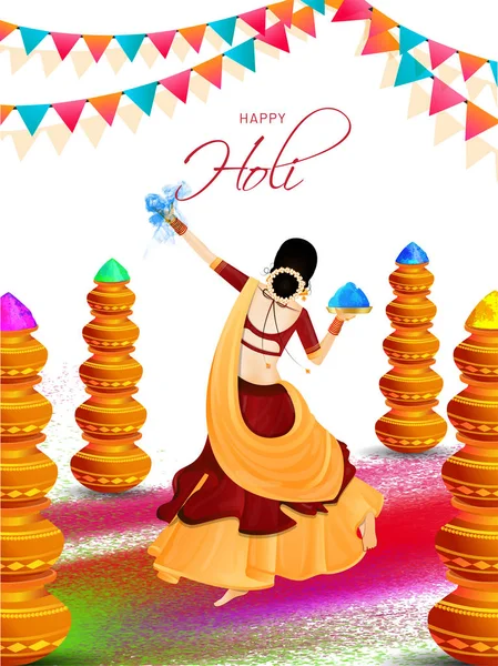 Diseño Tarjeta Felicitación Happy Holi Con Ilustración Del Personaje Dama — Vector de stock