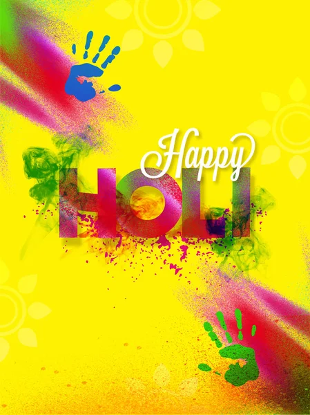 Happy Holi Greeting Card Design Hand Print Color Splash Yellow — Stock Vector