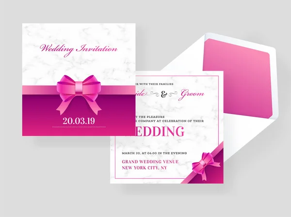 Hochzeitseinladungskarte Vorlage Mit Schleife Auf Marmor Textur Hintergrund — Stockvektor