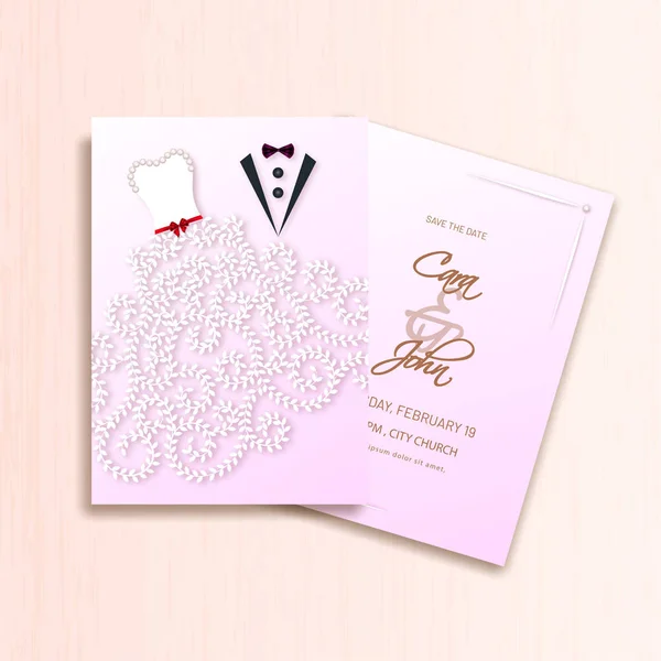 创意婚礼邀请卡模板设计与新郎和新娘服装插图 — 图库矢量图片