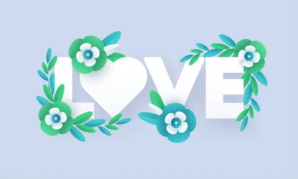 Paper Cut Style Typography Love Decorated Flowers Blue Background Valentine — Stock Vector