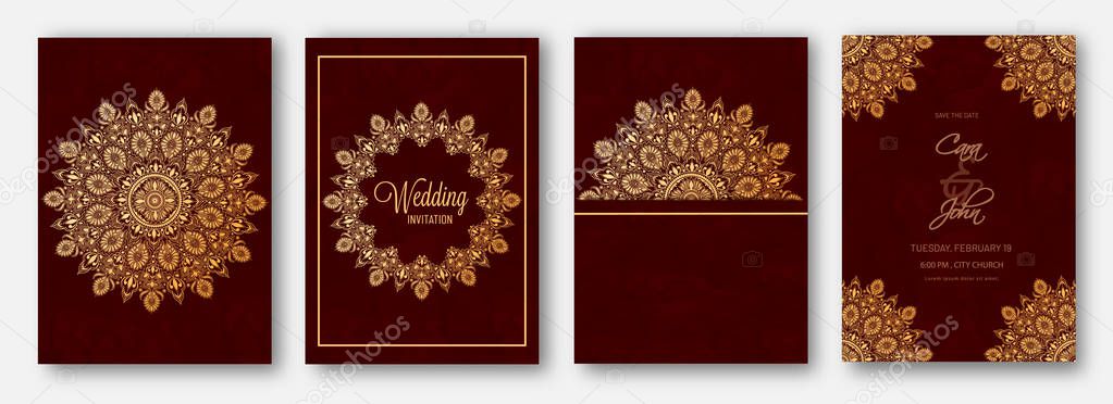 Floral mandala decorated wedding invitation card design. Elegant set for save the date concept.