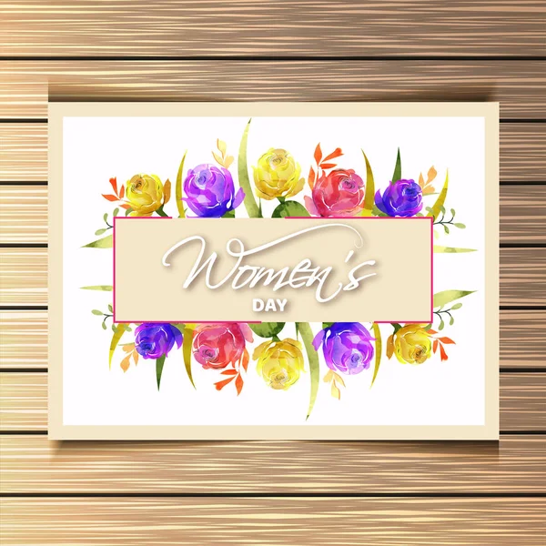 Colorful Rose Flowers Stylish Lettering Women Day Wooden Texture Background — Stock Vector