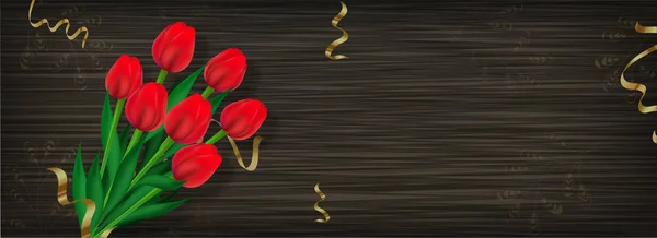 Realistic Tulip Flower Bouquet Wooden Texture Background Header Banner Design — Stock Vector