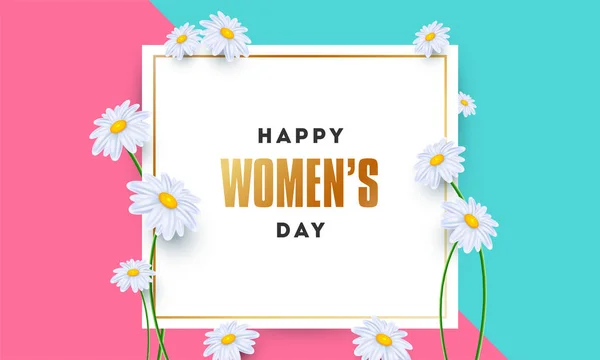 Happy Women Day Poster Sau Design Banner Decorat Flori Margarete — Vector de stoc