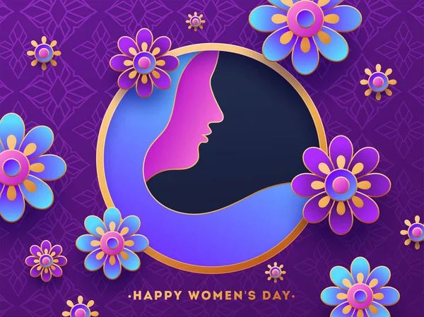 紫色の背景に飾られた女性の顔と紙カットの花のイラストが女性の日ポスターまたは横断幕デザイン — ストックベクタ