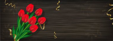 Gerçekçi Lale çiçek buketi ahşap doku arka plan, üstbilgi veya afiş tasarımı.