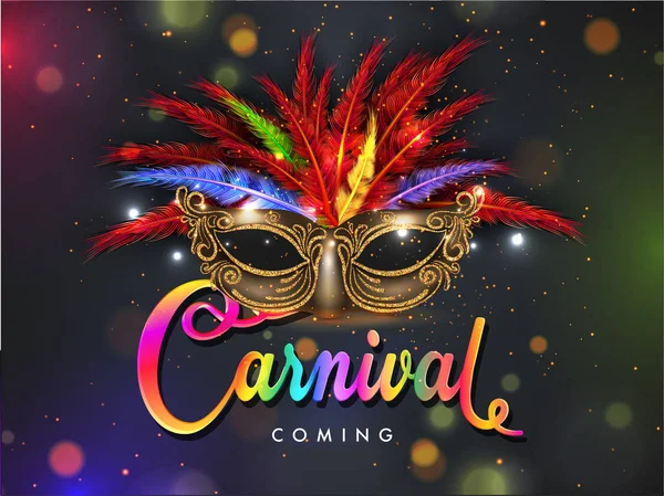 Máscara Fiesta Realista Decorada Con Plumas Colores Carnaval Texto Sobre — Vector de stock