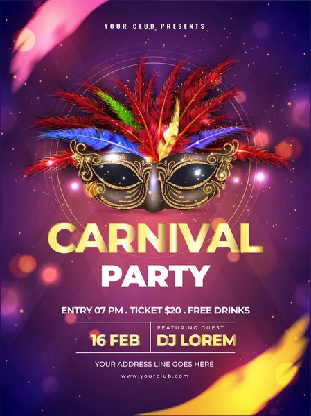 Carnival party template or flyer design with realistic party mask on purple bokeh background.