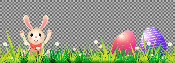 可爱的兔子和复活节与装饰雏菊花在透明的背景上快乐复活节标题或横幅设计 — 图库矢量图片