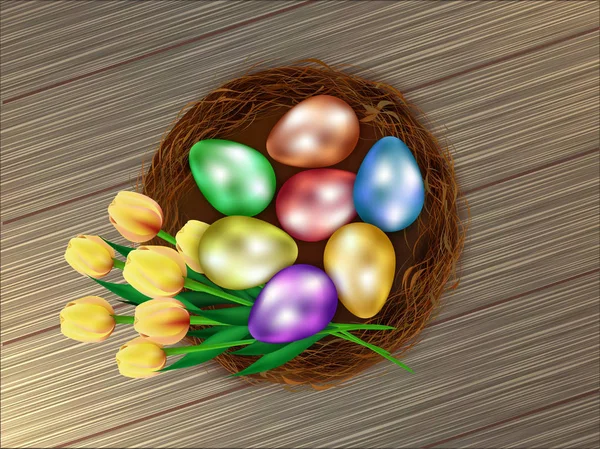 Huevos Pascua Coloridos Realistas Cesta Con Flores Tulipán Sobre Fondo — Vector de stock