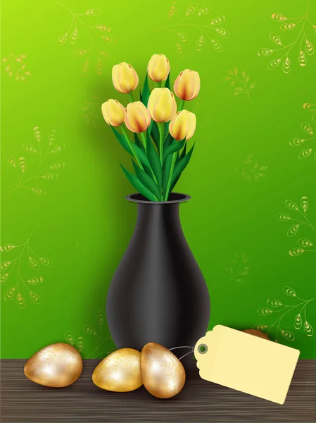 Oeufs Pâques Dorés Brillants Avec Pot Fleurs Tag Vente Fond — Image vectorielle