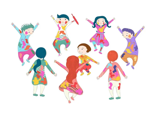 Set Simpatici Personaggi Bambini Che Celebrano Festival Holi — Vettoriale Stock