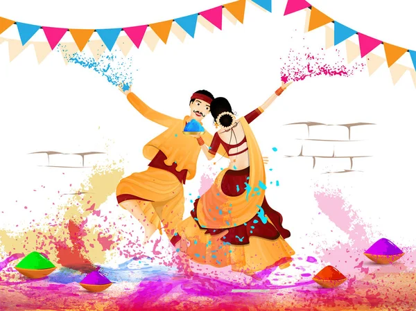 Dancing Couple Character Occasion Holi Festival Colors Celebration Poster Banner — Stock Vector