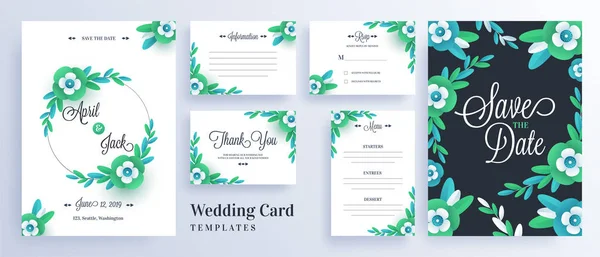 Πράσινη Βίβλος Κομμένα Λουλούδια Διακοσμημένα Γάμος Πρόσκληση Κάρτα Πρότυπο Σχέδιο — Διανυσματικό Αρχείο