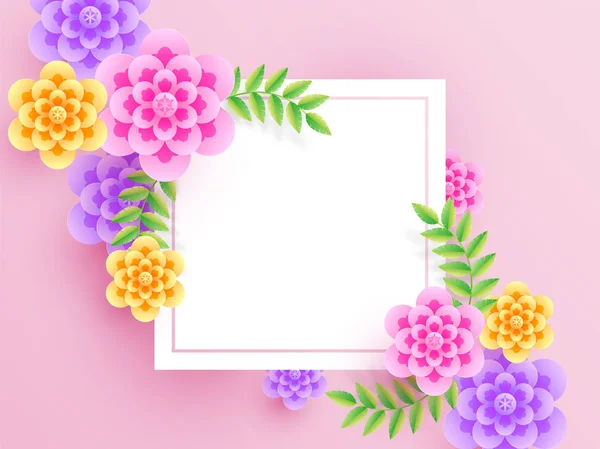 あなたのメッセージを空白の紙とピンクの背景にカラフルな紙カットの花の装飾が施されて — ストックベクタ