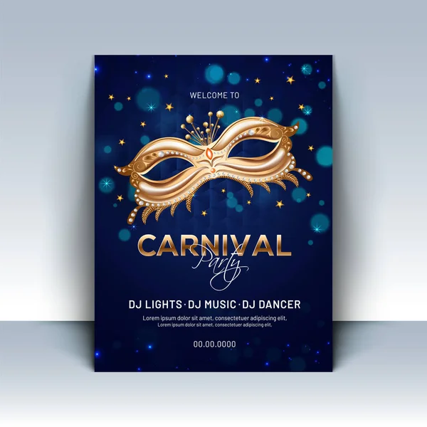 Brillante Maschera Partito Oro Sfondo Blu Bokeh Modello Festa Carnevale — Vettoriale Stock