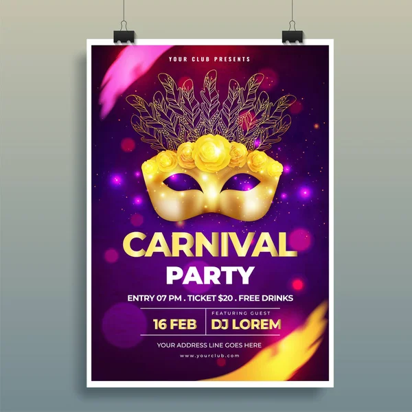 Brillante Illustrazione Maschera Carnevale Oro Sfondo Viola Bokeh Modello Festa — Vettoriale Stock