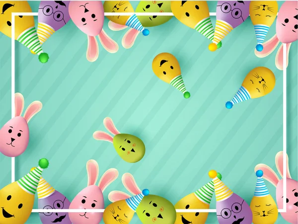 复活节庆祝条纹背景装饰与可爱的鸡蛋作为兔子和小鸡 — 图库矢量图片