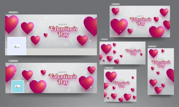 Social Media Header Poster Set Decorated Red Heart Shapes Valentine — Stock Vector
